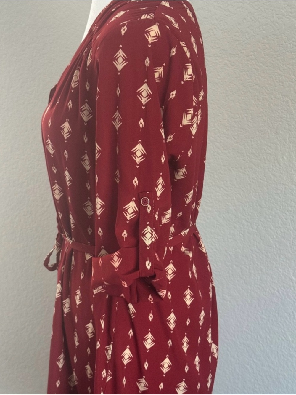 41 Hawthorn Burgandy Red Shirt Dress Button Front Roll Tab Sleeves Belted Sz L - Picture 11 of 11
